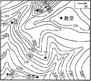 读北半球某温带地区的等高线分布状况图,回答1~3题。小题1:图中甲、乙、丙、丁四地中可能有两条河汇流现象的地点和位于教堂西南方的地点分别 读北半球某温带地区的等高线分布状况图,回答1~3题。小题1:图中甲、乙、丙、丁四地中可能有两条河汇流现象的地点和位于教堂西南方的地点分别
