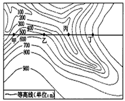 图为某地区的等高线地形图,读图回答1—2题。小题1:经过甲、乙、丙、丁四地所绘制成的剖面图,最可能的是小题2:图中甲、乙、丙、丁四地中,最适宜形成聚落的是( 图为某地区的等高线地形图,读图回答1—2题。小题1:经过甲、乙、丙、丁四地所绘制成的剖面图,最可能的是小题2:图中甲、乙、丙、丁四地中,最适宜形成聚落的是(