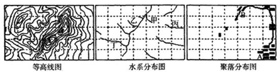 下图为同一地区等高线、水系分布、聚落分布图,读图,完成下列各题。小题1:根据图中信息判断,甲乙丙丁四个河段中流速最快的是A.甲B.乙C.丙D.丁小题2:该区域为 下图为同一地区等高线、水系分布、聚落分布图,读图,完成下列各题。小题1:根据图中信息判断,甲乙丙丁四个河段中流速最快的是A.甲B.乙C.丙D.丁小题2:该区域为