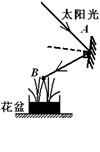 小宇的妈妈喜欢在家中养花,为了使客厅里花盆中的花能茁壮成长,小宇想让室外太阳光照射到盆中花上的B处,如图。请你在图中把光路补充完整并过A点画出放置的平面镜。 小宇的妈妈喜欢在家中养花,为了使客厅里花盆中的花能茁壮成长,小宇想让室外太阳光照射到盆中花上的B处,如图。请你在图中把光路补充完整并过A点画出放置的平面镜。