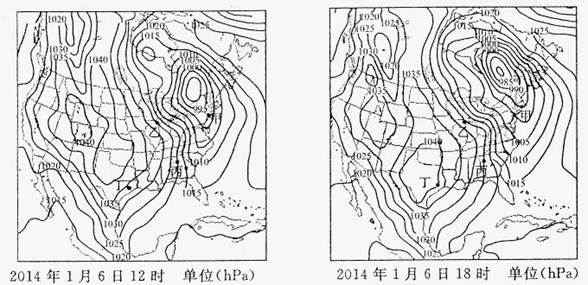 下图是2014年1月6日12时和18时北美洲部分地区海平面等压线分布图,读图完成下列各题。小题1:2014年1月6日12时,关于四地天气状况的描述,可信的有A. 下图是2014年1月6日12时和18时北美洲部分地区海平面等压线分布图,读图完成下列各题。小题1:2014年1月6日12时,关于四地天气状况的描述,可信的有A.