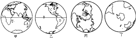 读图,完成下列各题.写出字母代表的地理事物名称.大洲A:______大洋B:______甲、乙两个半球的分界线是______,丙、丁两个半球的分界线