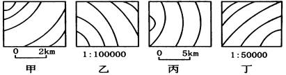 读该图,四图等高距相等,回答问题:小题1:四幅图中坡度最陡的是A.甲B.乙C.丙D.丁小题2:关于四图的描述正确的是A.四幅图的地势均为东北高西南低B.反映的区 读该图,四图等高距相等,回答问题:小题1:四幅图中坡度最陡的是A.甲B.乙C.丙D.丁小题2:关于四图的描述正确的是A.四幅图的地势均为东北高西南低B.反映的区