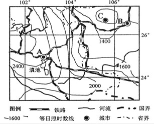读我国某地区及该地区等日照时数示意图,完成下列11—14题。小题1:图中A城市与C城市日照数相差约为A.800B.1000C.1220D.3820小题2:连 读我国某地区及该地区等日照时数示意图,完成下列11—14题。小题1:图中A城市与C城市日照数相差约为A.800B.1000C.1220D.3820小题2:连