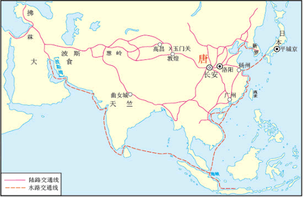 阅读下列材料,回答问题:材料一 唐朝对外交通路线图 材料二 市舶之利最厚,若措置得宜,所得动以百万计。 —— 阅读下列材料,回答问题:材料一 唐朝对外交通路线图 材料二 市舶之利最厚,若措置得宜,所得动以百万计。 ——