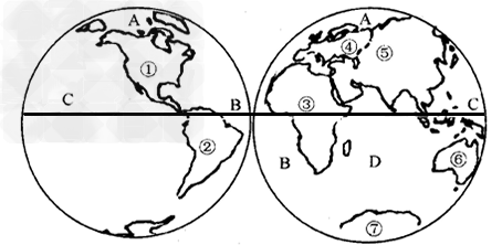 读下列地图,回答下列问题填出图中序号和字母所代表的地理事物:大洲:①______⑥____大洋:A_____B______①洲和 读下列地图,回答下列问题填出图中序号和字母所代表的地理事物:大洲:①______⑥____大洋:A_____B______①洲和