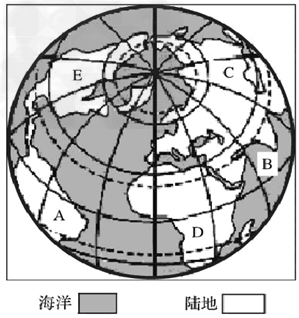 下图是以380N,0°为中心的半球图。读图回答下列问题。 ⑴从海陆分布情况看,该图显示为半球。图中没有呈现出来的大洲有 ⑵A大洲上河是 下图是以380N,0°为中心的半球图。读图回答下列问题。 ⑴从海陆分布情况看,该图显示为半球。图中没有呈现出来的大洲有 ⑵A大洲上河是