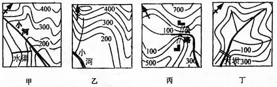 读四幅等高线图回答问题。小题1:四图中小河自西向东流的是A.甲图B.乙图C.丙图D.丁图小题2:四图中所示各项内容正确的一幅是A.甲图B.乙图C.丙图D.丁图 读四幅等高线图回答问题。小题1:四图中小河自西向东流的是A.甲图B.乙图C.丙图D.丁图小题2:四图中所示各项内容正确的一幅是A.甲图B.乙图C.丙图D.丁图