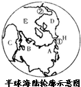 读某半球海陆轮廓示意图,回答下列问题.此图为______半球图.大洲:C______、D______.大洋:E______、H______. 魔方格