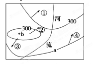 读“等高线地形图”,图中等高距为100m,据图中信息回答问题。小题1:图中箭头正确表示河流集水方向的是A.①B.②C.③D.④小题2:图中a和b的数值可能是A. 读“等高线地形图”,图中等高距为100m,据图中信息回答问题。小题1:图中箭头正确表示河流集水方向的是A.①B.②C.③D.④小题2:图中a和b的数值可能是A.