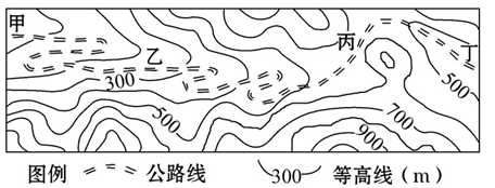 读我国某山区公路规划线路设计图,回答18-19题。小题1:图中公路沿线四地中,海拔最高点出现在 A.甲B.乙C.丙D.丁小题2:若乙、丙两点之间的直线距离为40 读我国某山区公路规划线路设计图,回答18-19题。小题1:图中公路沿线四地中,海拔最高点出现在 A.甲B.乙C.丙D.丁小题2:若乙、丙两点之间的直线距离为40