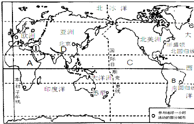 今年3月28号,全球4000多座城市参与“地球一小时”关灯接力活动.读图,完成下列问题.关灯接力活动从大洋洲开始,经亚洲、欧洲、A______洲、B___ 魔方格