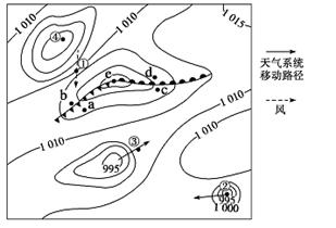 读“某地区海平面等压线分布图”,回答题。小题1:图中气压由高到低的排序,正确的是A.①②③④B.④③①②C.①③②④D.④①③②小题2:图中a、b、c、d、e五 读“某地区海平面等压线分布图”,回答题。小题1:图中气压由高到低的排序,正确的是A.①②③④B.④③①②C.①③②④D.④①③②小题2:图中a、b、c、d、e五