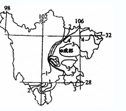 下图为1961—2008年四川省年平均暴雨日数分布图(单位:天)。读图回答问题。小题1:由图中所示信息能得出的正确结论是A.图中28度纬线与l06度经线交点处年 下图为1961—2008年四川省年平均暴雨日数分布图(单位:天)。读图回答问题。小题1:由图中所示信息能得出的正确结论是A.图中28度纬线与l06度经线交点处年