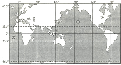 读世界地图,回答问题.写出图中数字所代表的大洋名称:①______②______从图中可以看出南回归线与西经60度的交点位于______洲,北回归线 魔方格