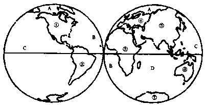 读东西半球图,回答问题:大洲:① ;②;③ ;④ ; ⑤;⑥;⑦ 。大洋:A ;B ;C ;D 。 读东西半球图,回答问题:大洲:① ;②;③ ;④ ; ⑤;⑥;⑦ 。大洋:A ;B ;C ;D 。