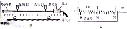 ( 8 分)某同学设想用如图甲的装置来测量滑块与导轨间的动摩擦因数。在气垫导轨上安装了两光电门l、2,滑块上固定一遮光条,滑块用细线绕过定滑轮与钩码相连。 ( 8 分)某同学设想用如图甲的装置来测量滑块与导轨间的动摩擦因数。在气垫导轨上安装了两光电门l、2,滑块上固定一遮光条,滑块用细线绕过定滑轮与钩码相连。