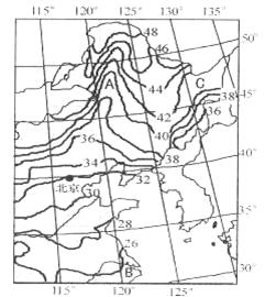 右图是“我国部分地区气温年较差分布图”,读图回答下列问题。(1)A地气温年较差△T约为℃,影响A地等值线发生弯曲的主要因素是。(2分)(2)图示地区出 右图是“我国部分地区气温年较差分布图”,读图回答下列问题。(1)A地气温年较差△T约为℃,影响A地等值线发生弯曲的主要因素是。(2分)(2)图示地区出