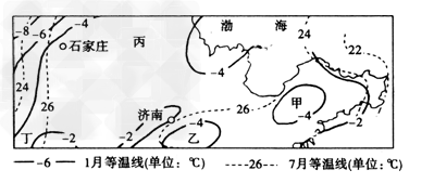 下图为我国某地区1 月、7 月等温线图。读图回答1 ~3 题。1.造成甲、乙两地1月等温线闭合且数值低于周边的主要因素是: 下图为我国某地区1 月、7 月等温线图。读图回答1 ~3 题。1.造成甲、乙两地1月等温线闭合且数值低于周边的主要因素是: