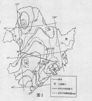 图2示意某区域多年平均降雪量与雪期的空间分布。读图完成6—8题。小题1:根据等雪期线的分布可确定,由M至N一线的地势为A. 图2示意某区域多年平均降雪量与雪期的空间分布。读图完成6—8题。小题1:根据等雪期线的分布可确定,由M至N一线的地势为A.