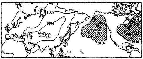 右图是世界部分区域海平面气压分布图,读图回答9-10题。小题1:图中所示的季节应为北半球A.春季B.夏季C.秋季D.冬季小题2:图中③地的盛行风向为A.东北风B 右图是世界部分区域海平面气压分布图,读图回答9-10题。小题1:图中所示的季节应为北半球A.春季B.夏季C.秋季D.冬季小题2:图中③地的盛行风向为A.东北风B