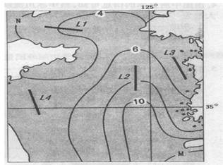 读某海域2月表层海水等温线图,完成9---11题。小题1:图中M与N的温差为A.4°CB.6°CC.8°CD.10°C小题2:图中4条海流(洋流)中,其性质基本 读某海域2月表层海水等温线图,完成9---11题。小题1:图中M与N的温差为A.4°CB.6°CC.8°CD.10°C小题2:图中4条海流(洋流)中,其性质基本