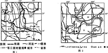 读图回答下列问题说明图1中AB两城市日照时数相差约多少小时并对比分析差异原因。说明图2中MN两地积温差最大不超过多少,并对比分析差异原因。结合 读图回答下列问题说明图1中AB两城市日照时数相差约多少小时并对比分析差异原因。说明图2中MN两地积温差最大不超过多少,并对比分析差异原因。结合