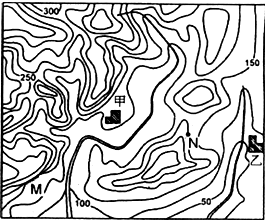 读某地等高线地形图,回答下列各题.小题1:图中陡崖从的相对高度最有可能是A.50米B.90 米C.155 米D.220米小题2:在N点能够观察到 A.甲、乙两村 读某地等高线地形图,回答下列各题.小题1:图中陡崖从的相对高度最有可能是A.50米B.90 米C.155 米D.220米小题2:在N点能够观察到 A.甲、乙两村