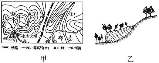下面的甲图为我国南方某地区等高线示意图,乙图为某种情况下的“醉林”示意图。读图回答1~3题。 1、甲图①②③④四地中,可能出现“醉林”景 下面的甲图为我国南方某地区等高线示意图,乙图为某种情况下的“醉林”示意图。读图回答1~3题。 1、甲图①②③④四地中,可能出现“醉林”景