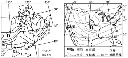 分析回答下列问题。读图,说明左图中的A地与右图中的B地等温差线在突出方向上有何不同,试分析其主要影响因素。________________ 分析回答下列问题。读图,说明左图中的A地与右图中的B地等温差线在突出方向上有何不同,试分析其主要影响因素。________________