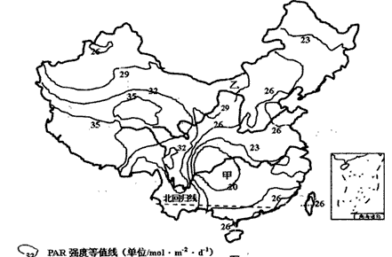 能被植物光合作用利用的太阳辐射,称为光合有效辐射。下图示意1961~2007年我国年平均PAR强度的空间分布。据此完成1—2题。1、如仅考 能被植物光合作用利用的太阳辐射,称为光合有效辐射。下图示意1961~2007年我国年平均PAR强度的空间分布。据此完成1—2题。1、如仅考