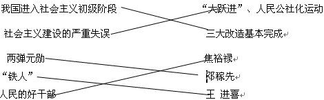 请用线把下列相关问题连接起来。我国进入社会主义初级阶段“大跃进”、人民公社化运动社会主义建设的严重失误三大改造基本完成两弹元勋焦裕禄“铁人”邓稼先人民的好干部王 请用线把下列相关问题连接起来。我国进入社会主义初级阶段“大跃进”、人民公社化运动社会主义建设的严重失误三大改造基本完成两弹元勋焦裕禄“铁人”邓稼先人民的好干部王