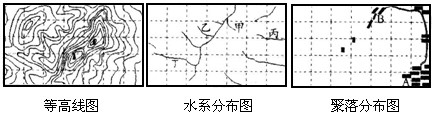 下面分别为同一地区等高线图、水系分布图、聚落分布图。读图,完成1—2题。1、根据图中信息判断,甲乙丙丁四个河段中流速最快的是 下面分别为同一地区等高线图、水系分布图、聚落分布图。读图,完成1—2题。1、根据图中信息判断,甲乙丙丁四个河段中流速最快的是