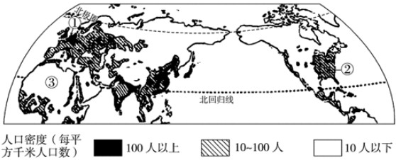 读图回答下列问题:从纬度位置看,世界人口稠密区主要分布在______;从海陆位置看,世界人口稠密区主要分布在______.亚洲人口密度较大的地区:_