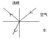 下图中是光从空气射入水中的光路图,标出水和空气的界面、法线,用箭头画出入射光线、反射光线、折射光线。 下图中是光从空气射入水中的光路图,标出水和空气的界面、法线,用箭头画出入射光线、反射光线、折射光线。