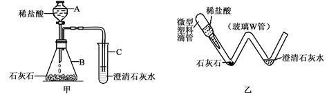 科学实验提倡绿色环保,对实验装置进行微型化改进是一条很好的途径。图甲是实验室制取并检验CO2的装置,图乙是对图甲实验装置的“微型”化改进后的装置。 (1 科学实验提倡绿色环保,对实验装置进行微型化改进是一条很好的途径。图甲是实验室制取并检验CO2的装置,图乙是对图甲实验装置的“微型”化改进后的装置。 (1