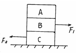 相互叠加的三个木块静止在水平地面上,其中木块B所受水平拉力F1=2N,木块C所受水平拉力F2=3N,则A受到B的摩擦力______N;C受到B的摩擦力_____ 相互叠加的三个木块静止在水平地面上,其中木块B所受水平拉力F1=2N,木块C所受水平拉力F2=3N,则A受到B的摩擦力______N;C受到B的摩擦力_____