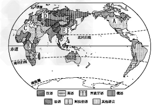 读世界语言的分布图,完成下列各题。A是_____语分布区,该地居民大多信_______教。B是______语 读世界语言的分布图,完成下列各题。A是_____语分布区,该地居民大多信_______教。B是______语