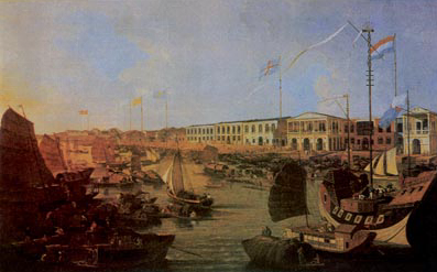 看下图：鸦片战争前，中国沿海某城市的港口有许多外国船只往来，岸上有许多外国商馆，据此可判断该城市是[ ]A．香港B．