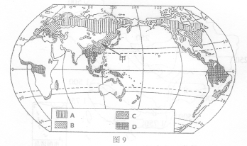 读图。“世界森林带分布示意图”回答第题小题1:影响图中亚洲东部森林带由A→B→C→D变化的主导因素是A.热量B.水分C.海拔高度D.洋流小题2:与甲地森林带类型 读图。“世界森林带分布示意图”回答第题小题1:影响图中亚洲东部森林带由A→B→C→D变化的主导因素是A.热量B.水分C.海拔高度D.洋流小题2:与甲地森林带类型