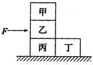 如图所示,用水平力F推乙物块,使甲、乙、丙、丁四个完全相同的物块一起沿水平地面以相同的速度匀速运动,各物块受到摩擦力的情况是A.甲物块受到一个摩擦力的作用B 如图所示,用水平力F推乙物块,使甲、乙、丙、丁四个完全相同的物块一起沿水平地面以相同的速度匀速运动,各物块受到摩擦力的情况是A.甲物块受到一个摩擦力的作用B