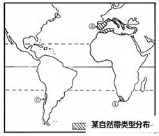 该图为世界某种自然带类型的局部分布地区。读图回答问题。 小题1:①地区的某自然带分布最高纬度较③低,其主要的影响因素是 A.海陆分布B. 该图为世界某种自然带类型的局部分布地区。读图回答问题。 小题1:①地区的某自然带分布最高纬度较③低,其主要的影响因素是 A.海陆分布B.