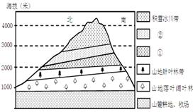 读某山地的植被垂直变化示意图,回答问题44-45。小题1:图中①、②代表的植被类型分别是A.山地常绿阔叶林带、高寒荒漠带B.针叶阔叶混交林带、高山草甸带C.高山 读某山地的植被垂直变化示意图,回答问题44-45。小题1:图中①、②代表的植被类型分别是A.山地常绿阔叶林带、高寒荒漠带B.针叶阔叶混交林带、高山草甸带C.高山