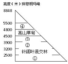 读“珠穆朗玛峰垂直自然带分布示意图”,回答各题.小题1:图中数字代号与自然带植被名称组合正确的是A.①常绿阔叶林②落叶阔叶林③高山灌木林④高寒荒漠B.①热带季雨 读“珠穆朗玛峰垂直自然带分布示意图”,回答各题.小题1:图中数字代号与自然带植被名称组合正确的是A.①常绿阔叶林②落叶阔叶林③高山灌木林④高寒荒漠B.①热带季雨