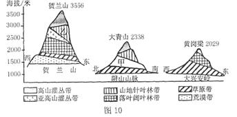 图10为内蒙古地区主要名山植被垂直带谱。读图回答问题。小题1:根据当地垂直植被带分布规律判断,甲处植被带应为A.落叶阔叶林带B.荒漠带C.高山灌丛带D.山地针叶 图10为内蒙古地区主要名山植被垂直带谱。读图回答问题。小题1:根据当地垂直植被带分布规律判断,甲处植被带应为A.落叶阔叶林带B.荒漠带C.高山灌丛带D.山地针叶