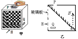 如图甲所示,魔术箱内有一个平面镜,从P处放入一物,箱中不见物体;换从Q处放入,箱中却见两个物体.图乙中A'B'是物体AB在平面镜中的像,根据平面镜成 如图甲所示,魔术箱内有一个平面镜,从P处放入一物,箱中不见物体;换从Q处放入,箱中却见两个物体.图乙中A'B'是物体AB在平面镜中的像,根据平面镜成