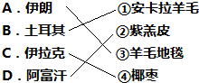 将西亚的下列国家与其著名的出口农产品用直线连起来.A.伊朗①安卡拉羊毛B.土耳其②紫羔皮C.伊拉克③羊毛地毯D.阿富汗④椰枣. 魔方格