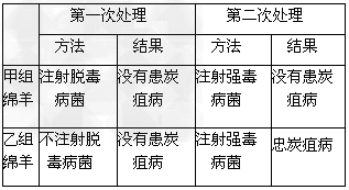 法国著名科学家巴斯德在研究口炭疽病时,利用绵羊进行了一项著名的实验,实验的方法和过程如下表所示:(1)实验过程中,给甲组绵羊注射 法国著名科学家巴斯德在研究口炭疽病时,利用绵羊进行了一项著名的实验,实验的方法和过程如下表所示:(1)实验过程中,给甲组绵羊注射