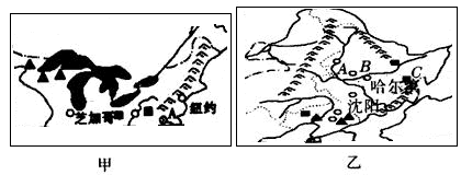 下图中甲是美国东北部地区简图,乙是中国东北地区简图,比较这两个地区自然环境、社会经济条件等方面的特征,回答下列问题。自然环 下图中甲是美国东北部地区简图,乙是中国东北地区简图,比较这两个地区自然环境、社会经济条件等方面的特征,回答下列问题。自然环