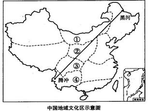 读“中国地域文化区示意图”,并回答问题。(10分)图中黑河到腾冲之间的连线是我国重要的地理分界线,它穿越了我国多个特色鲜明的地域文化区。图中①代表的 读“中国地域文化区示意图”,并回答问题。(10分)图中黑河到腾冲之间的连线是我国重要的地理分界线,它穿越了我国多个特色鲜明的地域文化区。图中①代表的